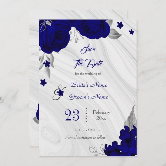 Save The Date élégant bleu royal gris argenté floral (Devant / Derrière)