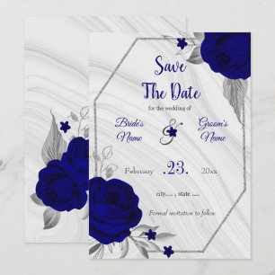 Save The Date élégant bleu royal gris argenté floral