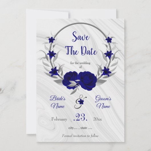 Save The Date élégant bleu royal gris argenté floral enregistrer (Devant)