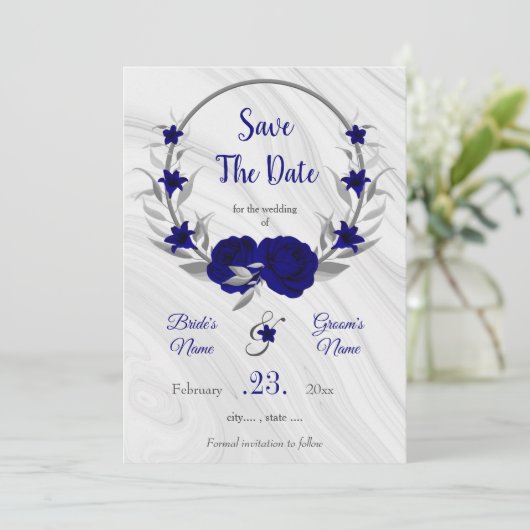 Save The Date élégant bleu royal gris argenté floral enregistrer (Debout devant)