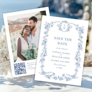 Save The Date Elégant bleu Toile Français Code QR Mariage photo