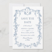 Save The Date Elégant bleu Toile Français Floral Mariage QR code (Devant)