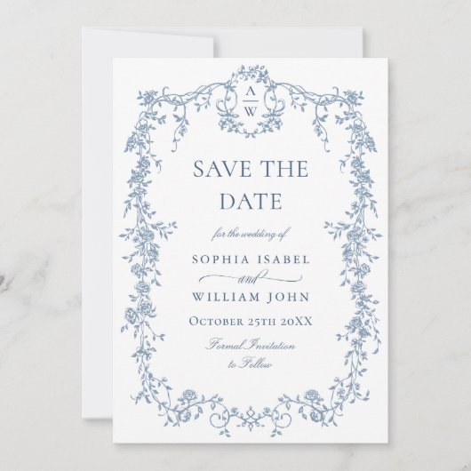 Save The Date Elégant bleu Toile Français Floral Mariage QR code (Devant)