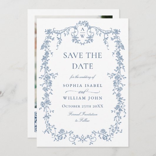 Save The Date Elégant bleu Toile Français Floral Mariage QR code (Devant / Derrière)