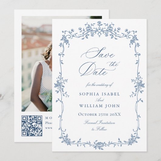 Save The Date Elégant bleu Toile Français Floral Mariage QR code (Devant / Derrière)