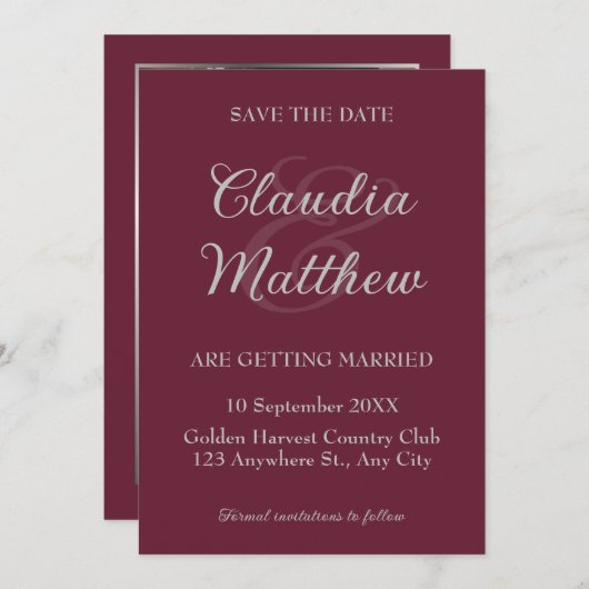 Save The Date Elegant Blood Red & Silver Script Photo Wedding (Devant / Derrière)