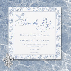 Save The Date Elégant Blue Chinoiserie Bird & Crest Mariage