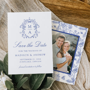Save The Date Elégant Blue Chinoiserie Floral Photo Mariage