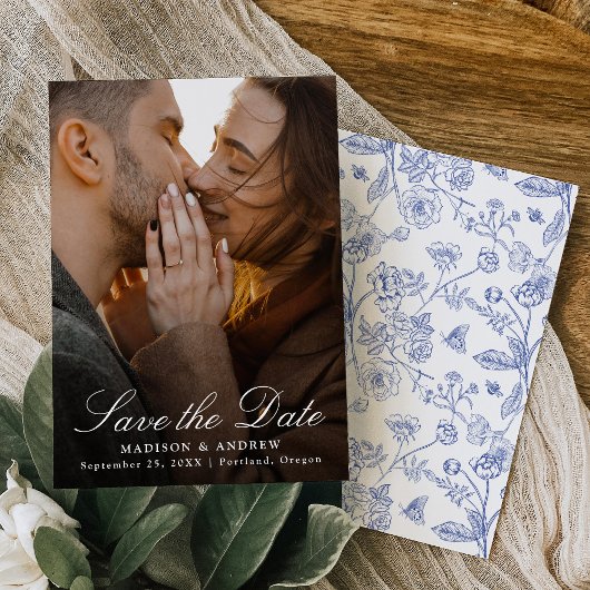 Save The Date Elegant Blue Chinoiserie Photo Wedding