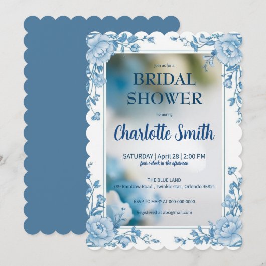 Save The Date Elegant Blue Flower chinoiserie douche de mariage (Devant / Derrière)