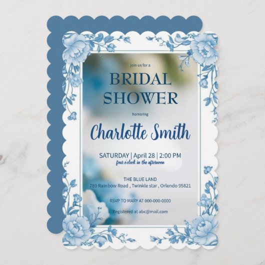 Save The Date Elegant Blue  Flower chinoiserie mariage (Devant / Derrière)