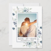 Save The Date Élégant Blue Foliage PHOTO Mariage Enregistrer la (Devant)