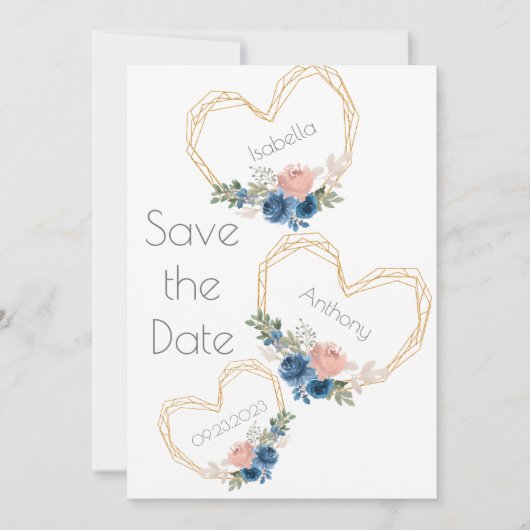 Save The Date Élégant Blue Gold Heart Floral Names Mariage Enreg (Devant)