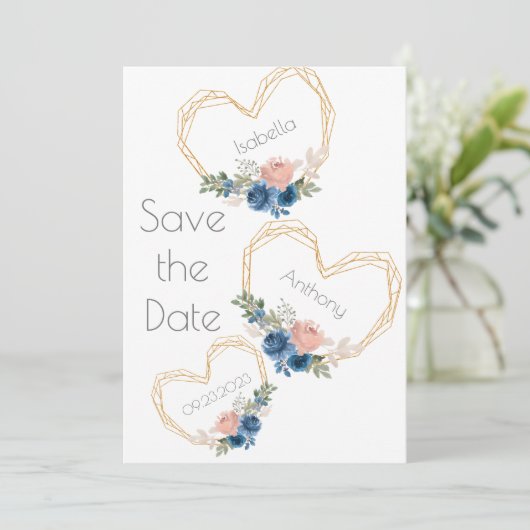 Save The Date Élégant Blue Gold Heart Floral Names Mariage Enreg (Debout devant)