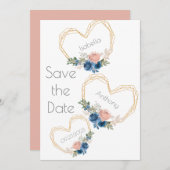 Save The Date Élégant Blue Gold Heart Floral Names Mariage Enreg (Devant / Derrière)