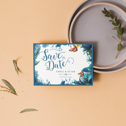 Save The Date Elegant Blue Green Botanical Butterfly Wedding