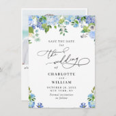 Save The Date Elégant Blue Hydrangea Greenery Photo Mariage QR (Devant / Derrière)