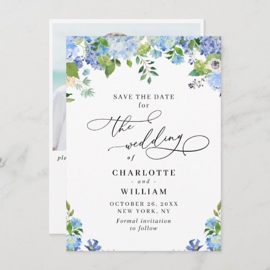 Save The Date Elégant Blue Hydrangea Greenery Photo Mariage QR (Devant / Derrière)