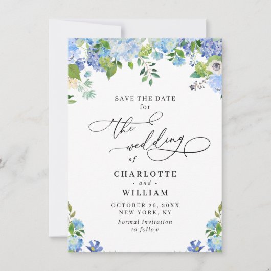 Save The Date Elégant Blue Hydrangea Greenery Photo Mariage QR (Devant)