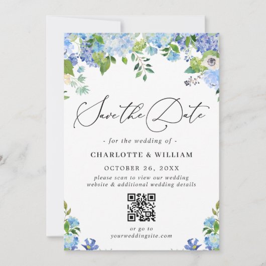 Save The Date Elégant Blue Hydrangea Greenery Photo Mariage QR (Devant)