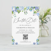 Save The Date Elégant Blue Hydrangea Greenery Photo Mariage QR (Debout devant)