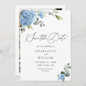 Save The Date Elégant Blue Hydrangea Mariage QR code Photo (Devant / Derrière)