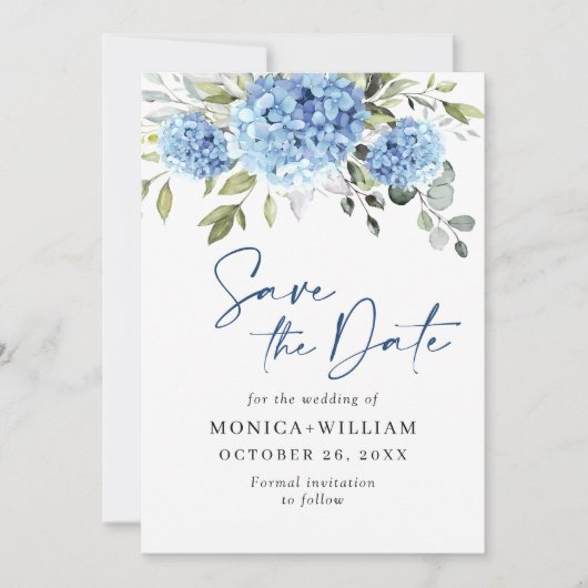 Save The Date Elégant Blue Hydrangea Mariage QR code Photo (Devant)