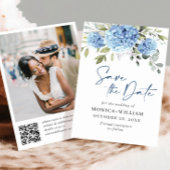 Save The Date Elégant Blue Hydrangea Mariage QR code Photo