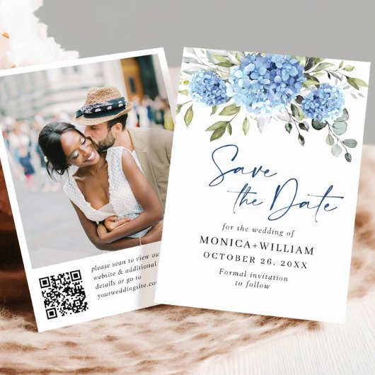 Save The Date Elégant Blue Hydrangea Mariage QR code Photo