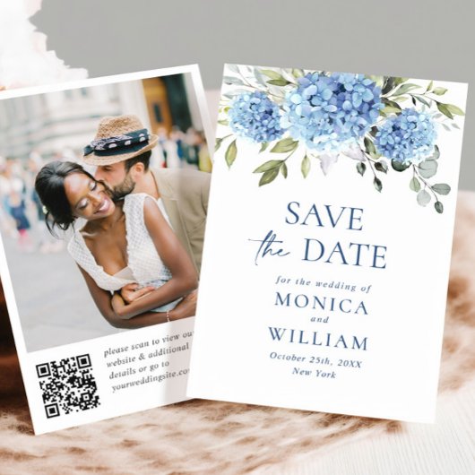 Save The Date Elégant Blue Hydrangea Mariage QR code Photo