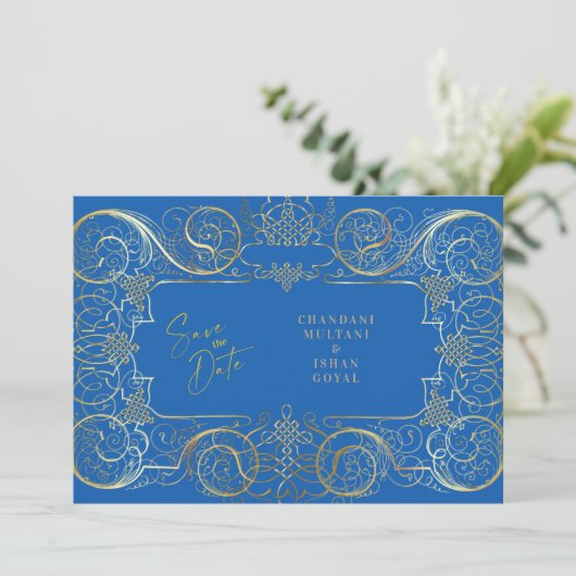 Save The Date Elégant Blue Regal Gold Wedding Enregistrer La Dat (Debout devant)