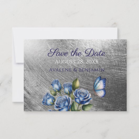 Save The Date Elegant Blue Roses Butterfly Silver Wedding (Devant)