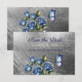 Save The Date Elegant Blue Roses Butterfly Silver Wedding (Devant / Derrière)