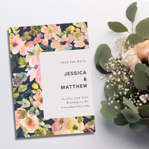Save The Date Elégant Blush et Mariage floral de couleur marine