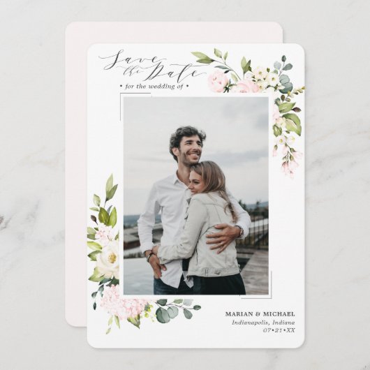 Save The Date Élégant Blush Floral & Eucalyptus Mariage (Devant / Derrière)
