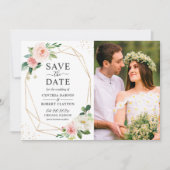 Save The Date Elégant Blush Floral Gold Photo géométrique (Devant)