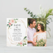 Save The Date Elégant Blush Floral Gold Photo géométrique (Debout devant)