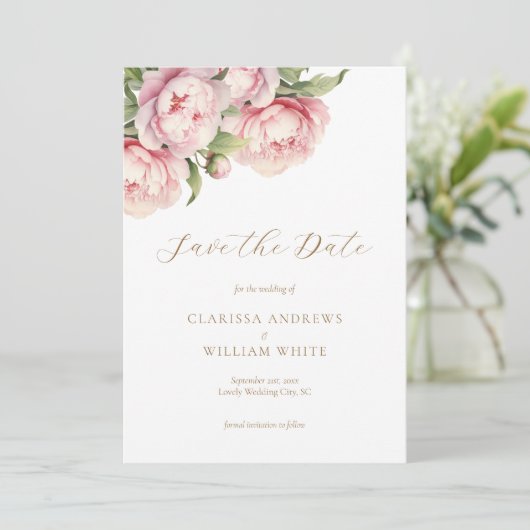 Save The Date Élégant Blush Floral Or Blanc Mariage moderne (Debout devant)