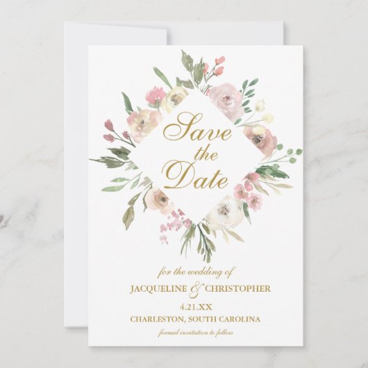 Save The Date Élégant Blush rose Floral Peony Script or (Devant)