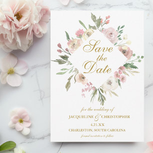 Save The Date Élégant Blush rose Floral Peony Script or