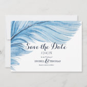 Save The Date Elégant Boho bleu aquarelle plumes Abstraites (Devant)