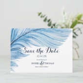 Save The Date Elégant Boho bleu aquarelle plumes Abstraites (Debout devant)