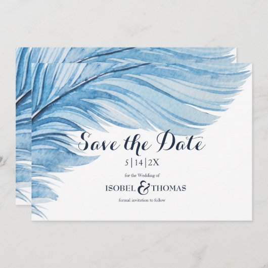 Save The Date Elégant Boho bleu aquarelle plumes Abstraites (Devant / Derrière)