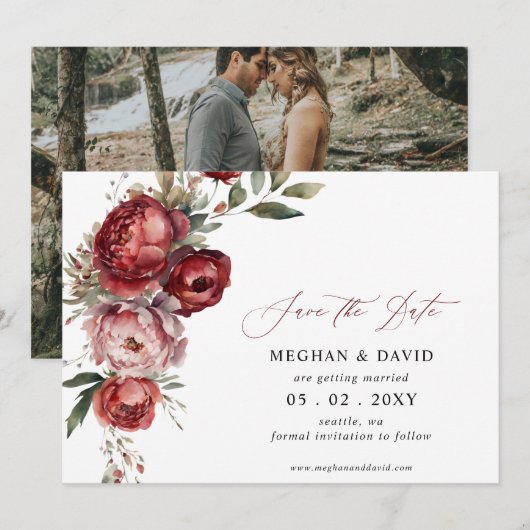 Save The Date Elégant Boho Bourgogne Blush Floral Photo (Devant / Derrière)