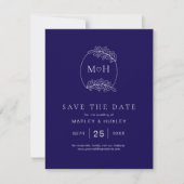 Save The Date Élégant Boho Leaf Monogramme Bleu et Mariage blanc (Devant)