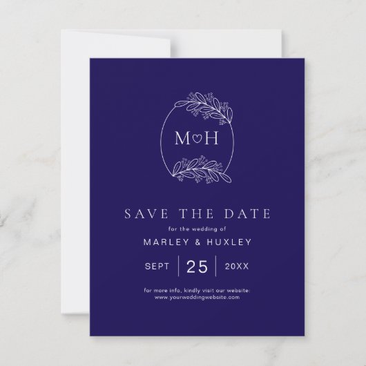 Save The Date Élégant Boho Leaf Monogramme Bleu et Mariage blanc (Devant)