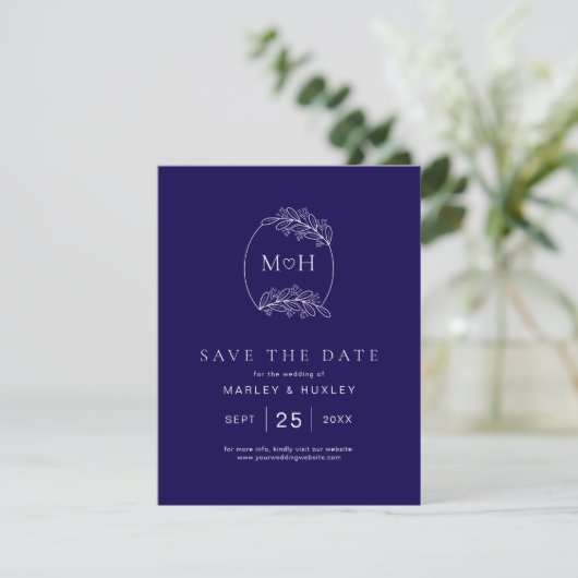 Save The Date Élégant Boho Leaf Monogramme Bleu et Mariage blanc (Debout devant)