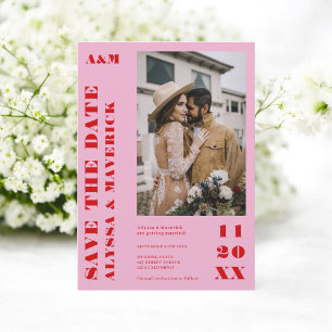 Save The Date Élégant Bold Rouge magenta rose 2 photos mariage