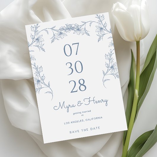 Save The Date Elegant Botanical Floral Dusty Blue Wedding