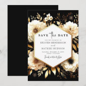 Save The Date Elégant Botanical Gold et Mariage noir (Devant / Derrière)